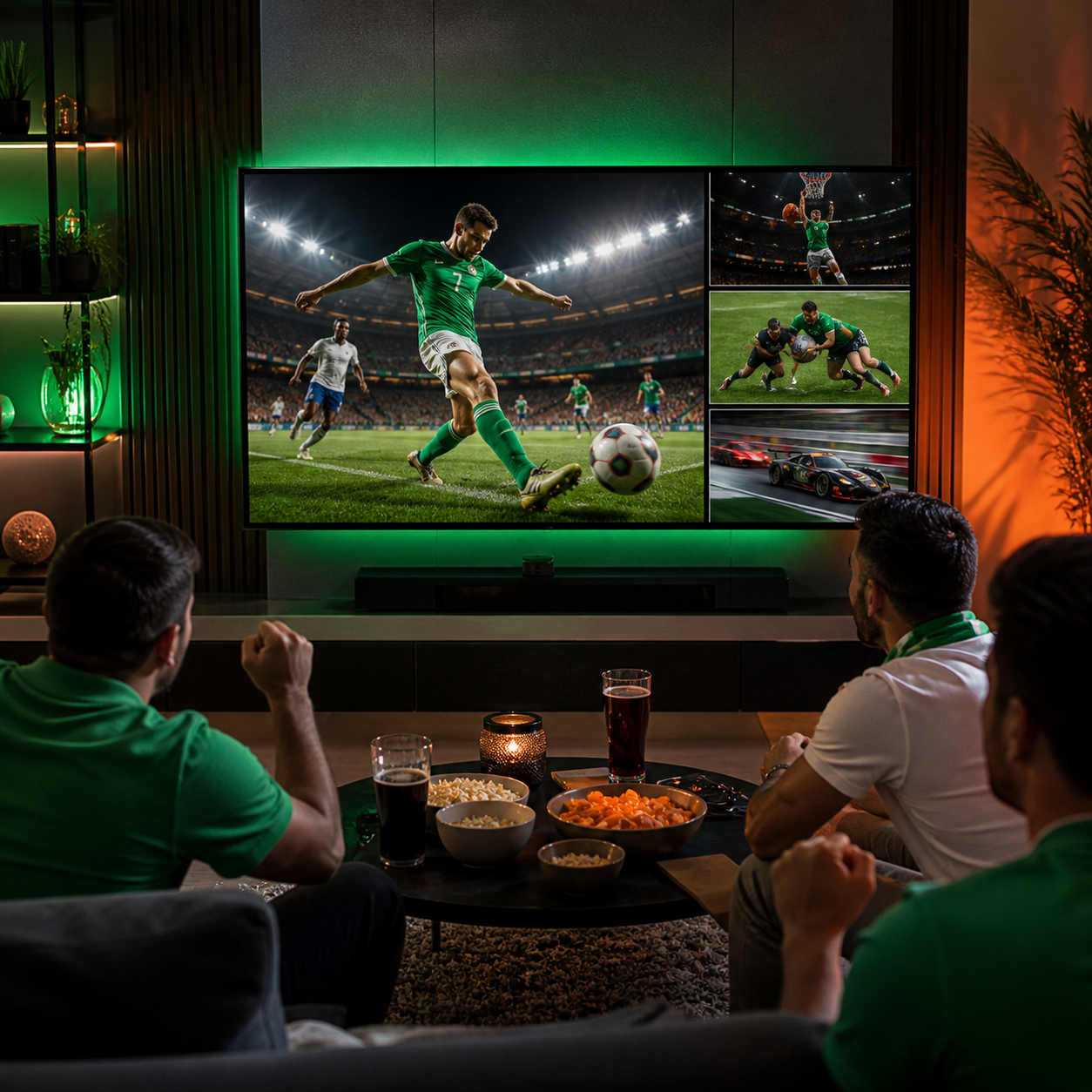 Group of friends enjoying a live football match on IPTV Ireland